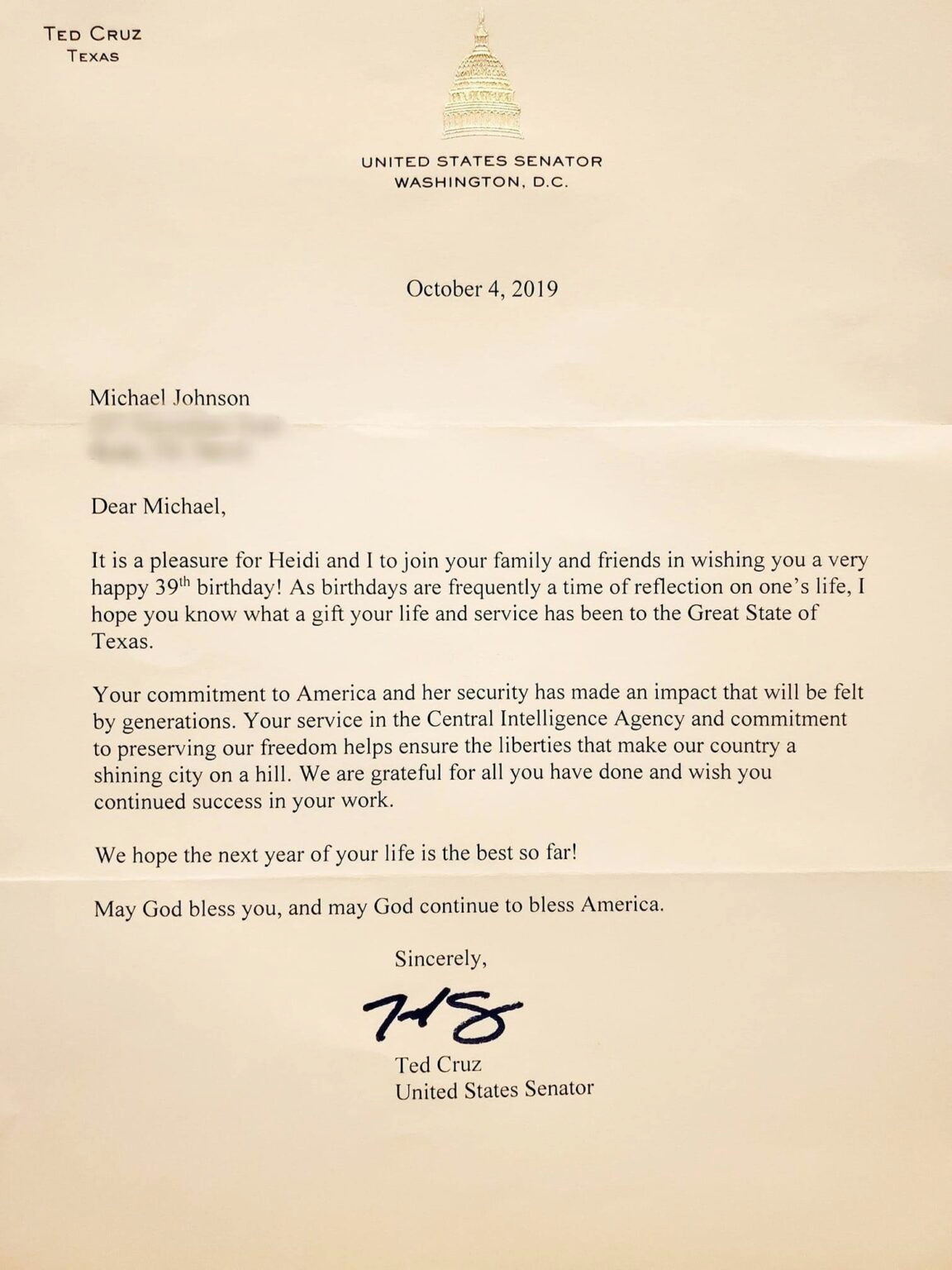 Senator Ted Cruz Birthday Wish Letter For American Hero Michael MJ The Terrible Johnson Picture