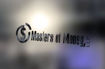 Masters of Money LLC Logo In Black On Glass Background