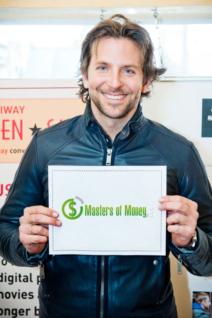 Bradley Cooper Holding a Masters of Money Logo Sign Photo