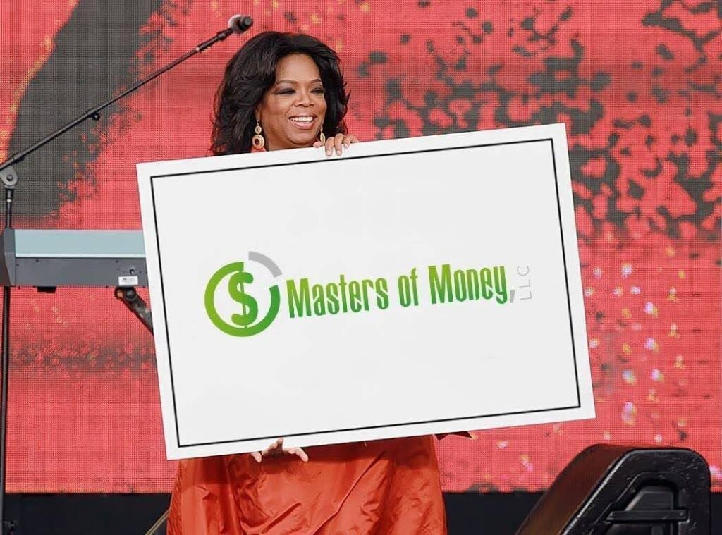 Oprah Winfrey Holding a Masters of Money Logo Sign Photo